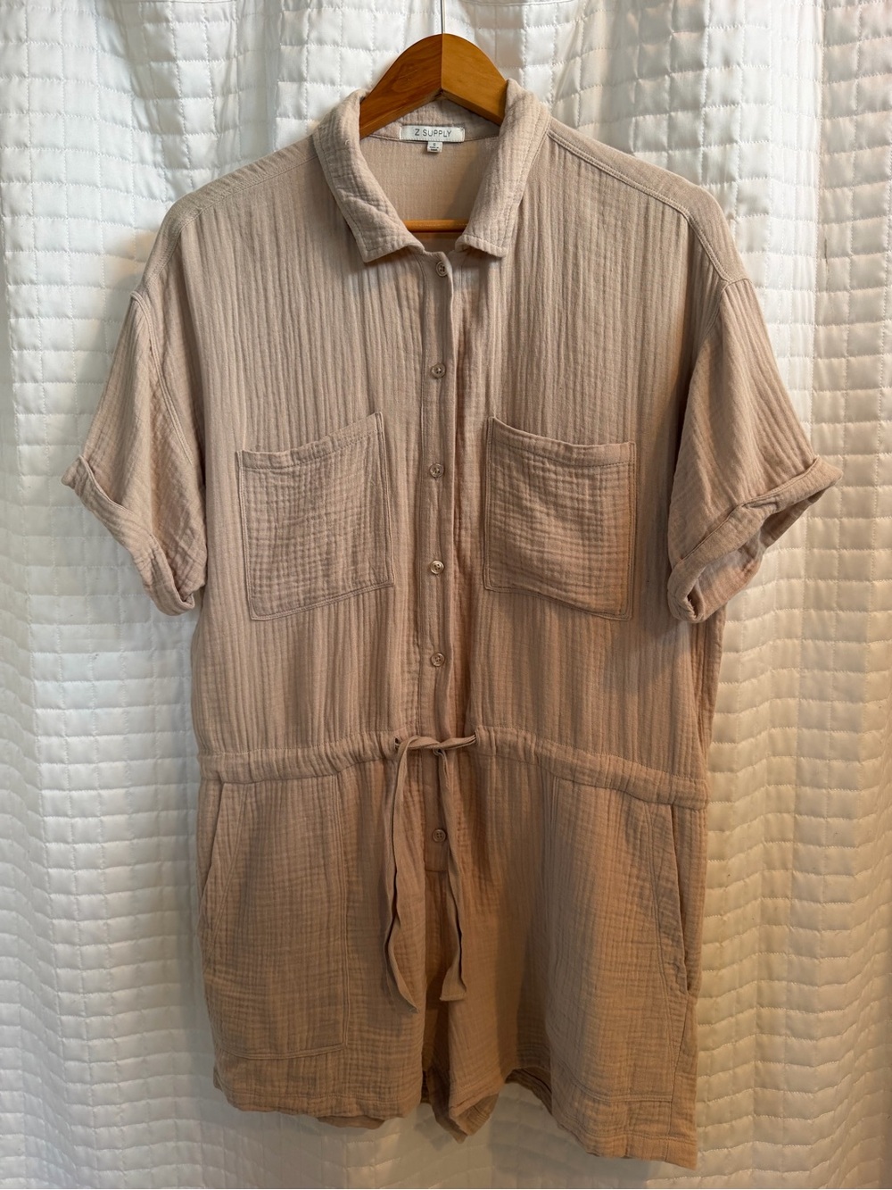 Z Supply Tie-Waist Short Sleeve Gauze Romper in Beige - Picture 2 of 4